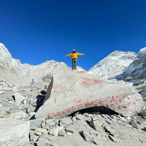 Guest standing on Everest base camp trek